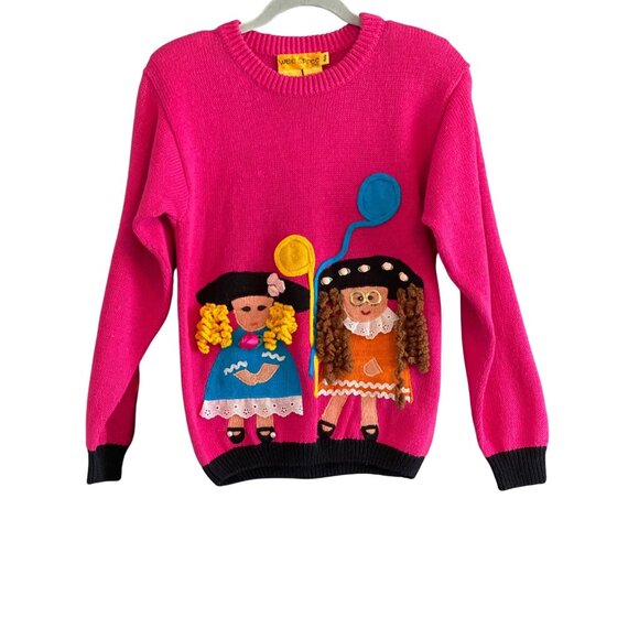 Vintage Wee Spree Girls Pink Sweater With Doll Appliqués & Balloon Design 10/12 - Picture 1 of 13